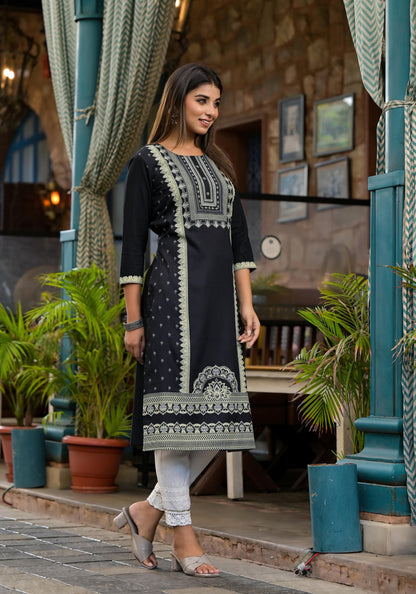 Black Ethnic Motif Printed Rayon Kurta  With Straight Hemline And Buttons