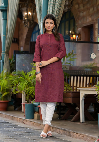 Maroon Striped Printed Cotton Kurta With Button Detail