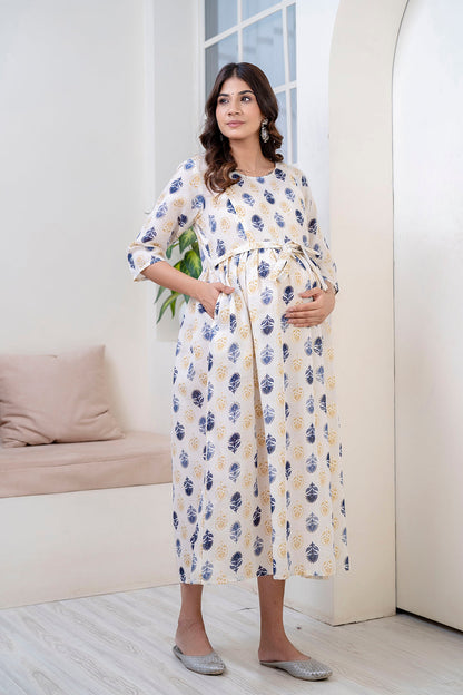 Off White Printed Flared Maternity Dress