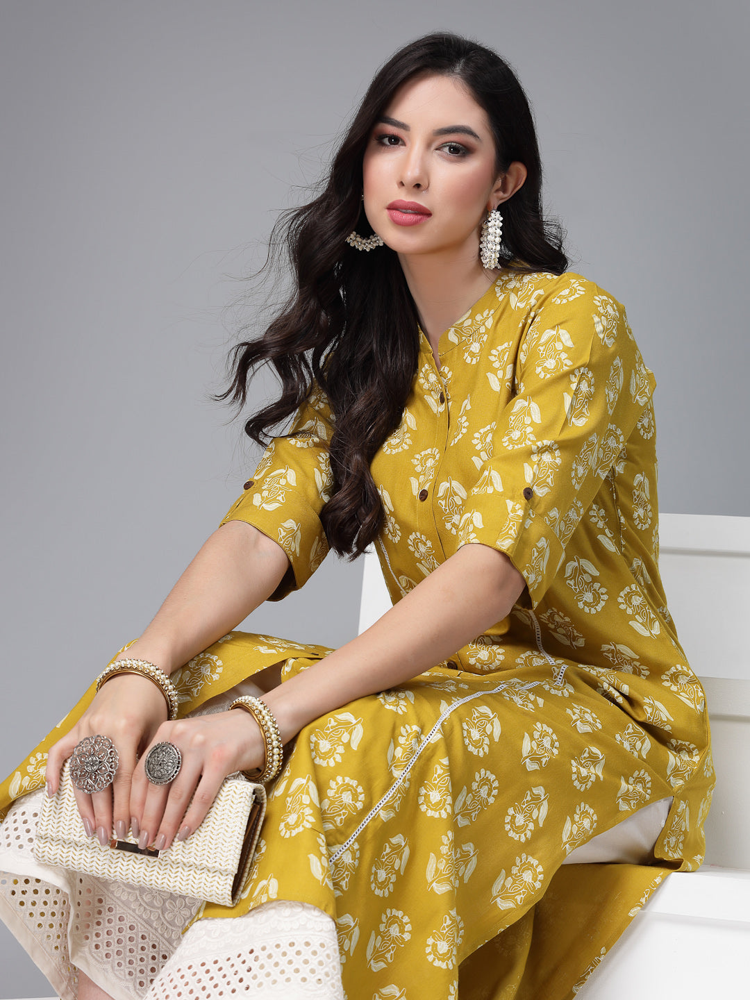 Plus Size Floral Printed Rayon A-Line Kurta