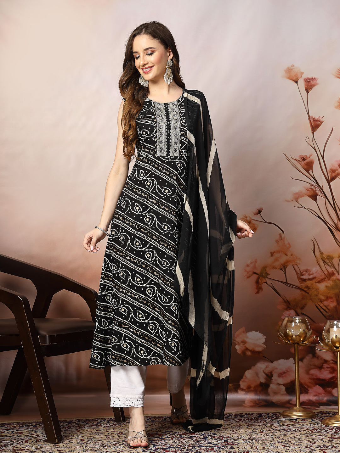 Black Bandhani Printed & Embroidered Rayon A-Line Kurta Dupatta Set