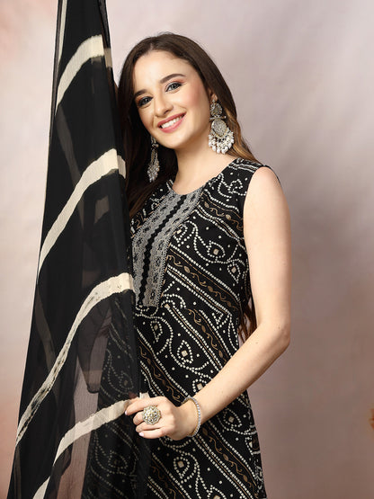 Black Bandhani Printed & Embroidered Rayon A-Line Kurta Dupatta Set