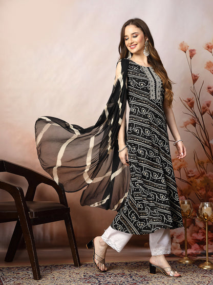 Black Bandhani Printed & Embroidered Rayon A-Line Kurta Dupatta Set