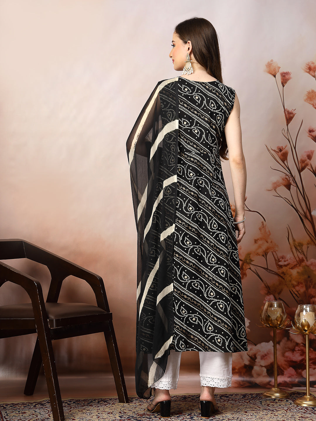 Black Bandhani Printed & Embroidered Rayon A-Line Kurta Dupatta Set