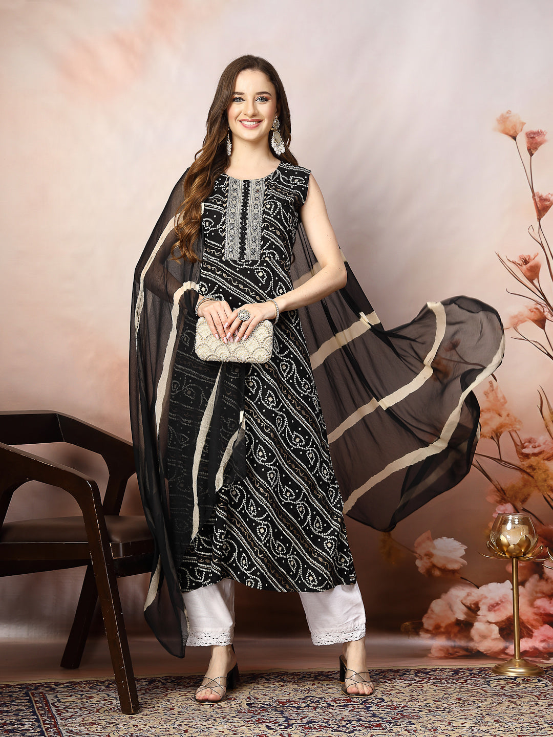 Black Bandhani Printed & Embroidered Rayon A-Line Kurta Dupatta Set