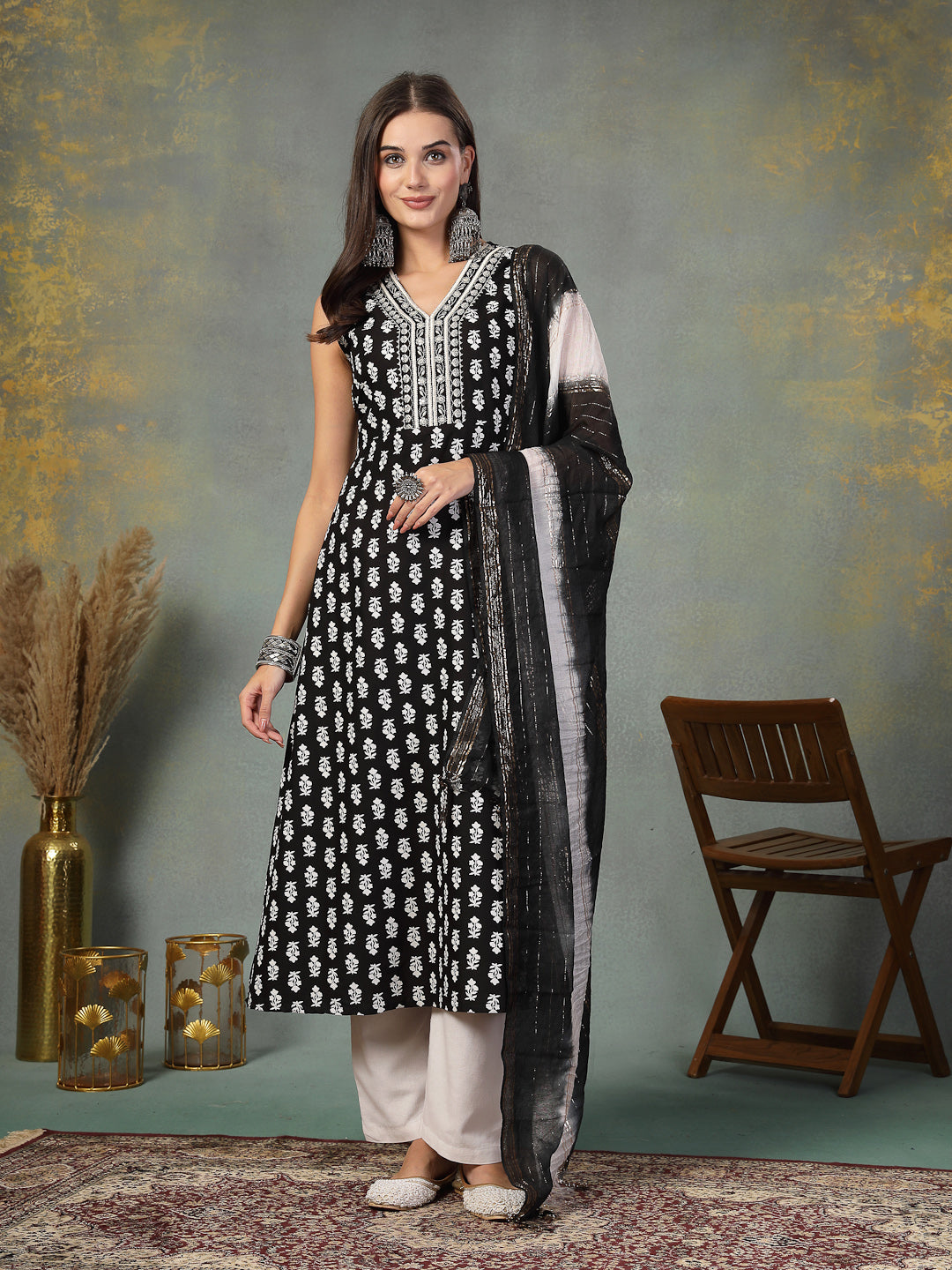 Black Printed & Embroidered Rayon A-Line Kurta Dupatta Set