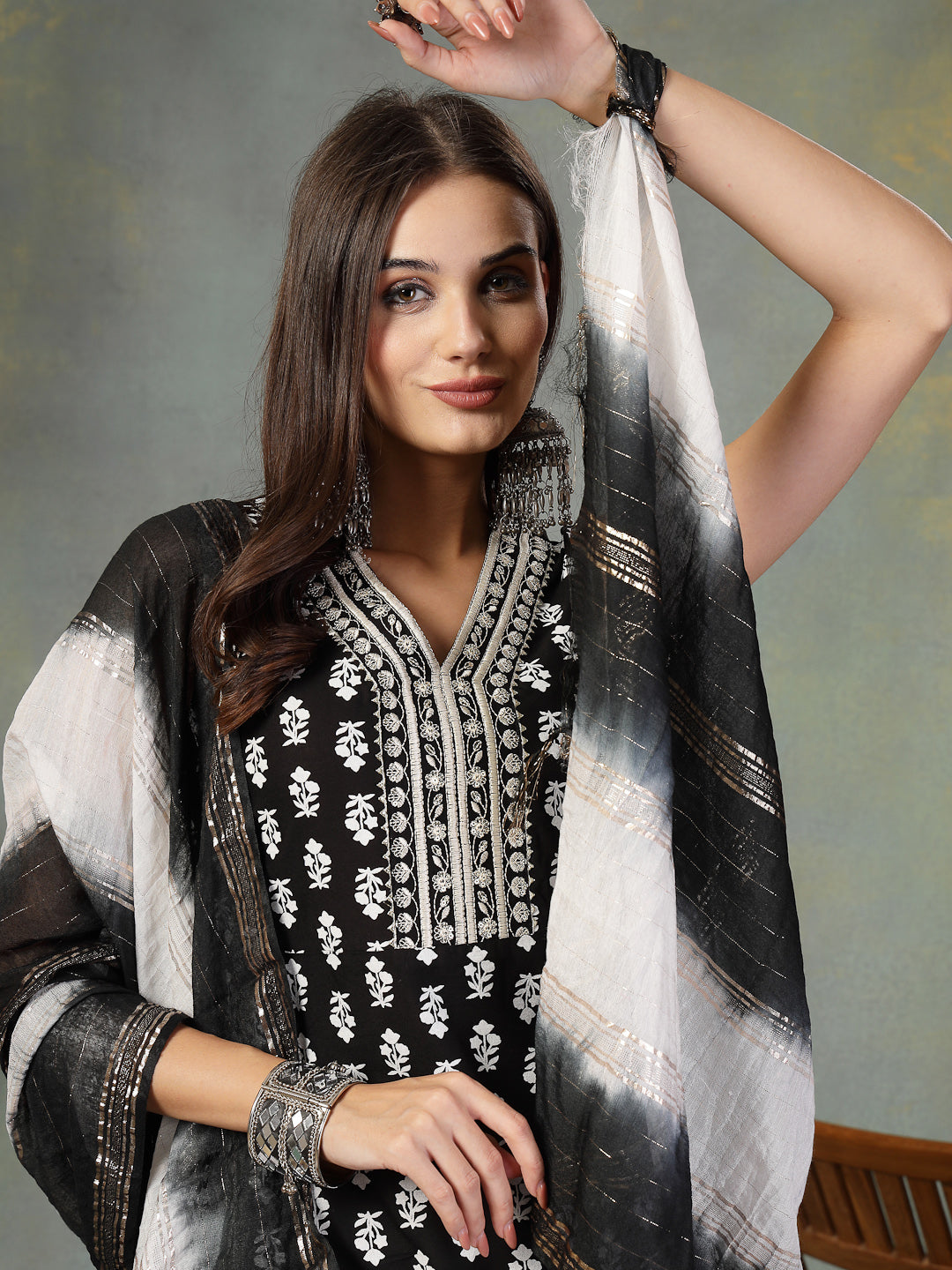 Black Printed & Embroidered Rayon A-Line Kurta Dupatta Set