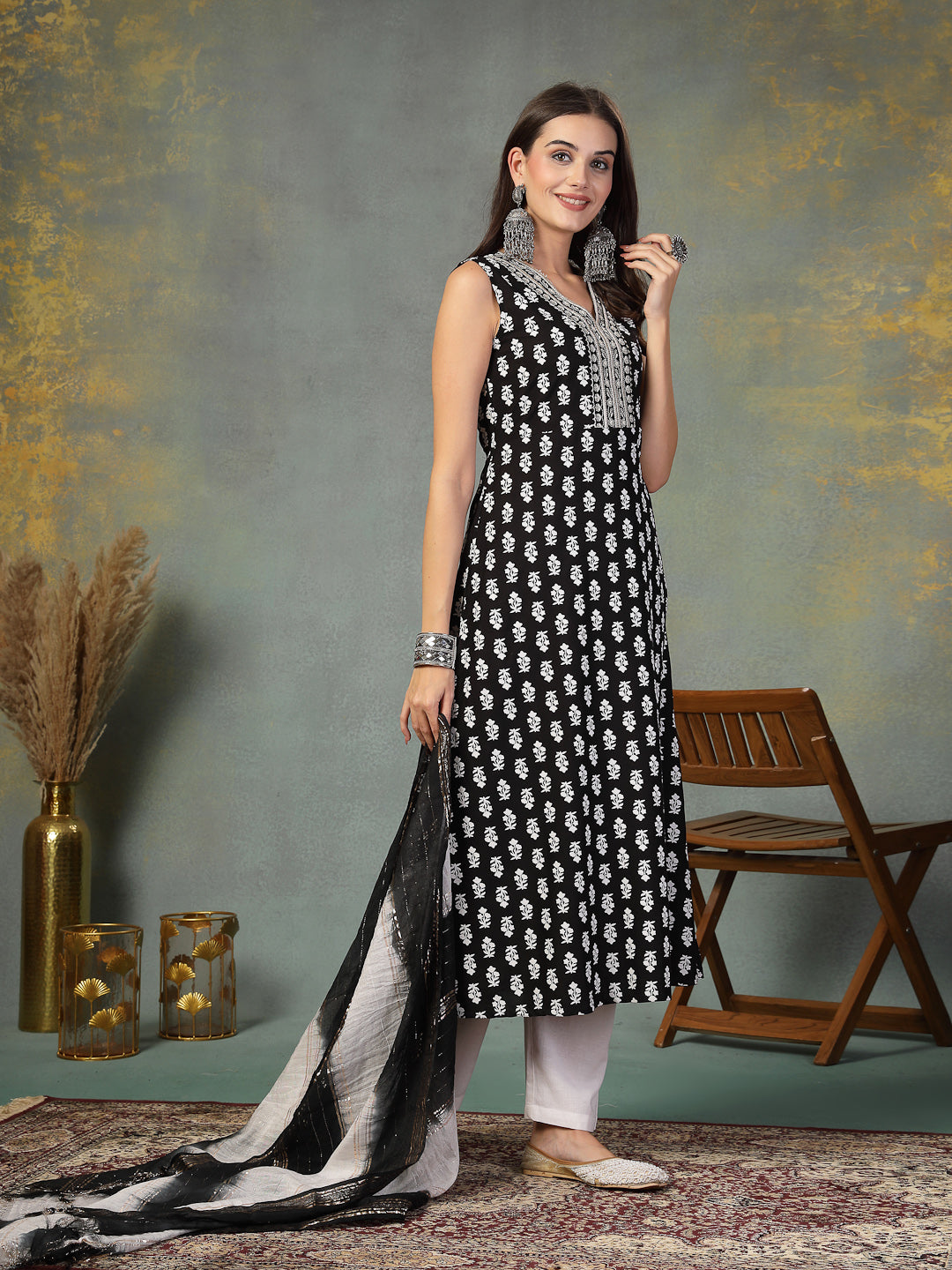 Black Printed & Embroidered Rayon A-Line Kurta Dupatta Set