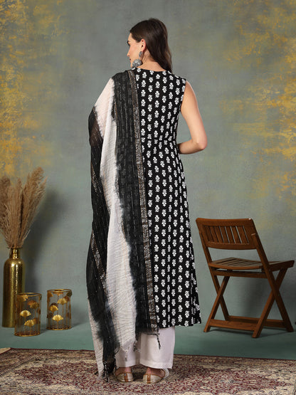 Black Printed & Embroidered Rayon A-Line Kurta Dupatta Set