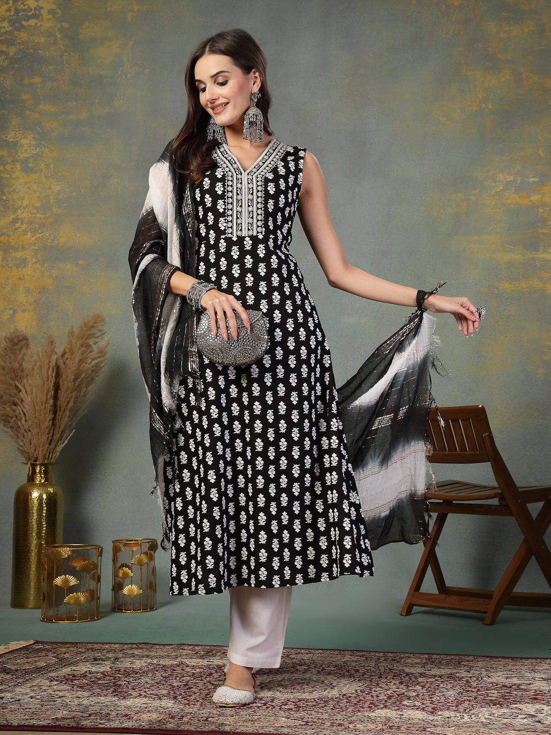 Black Printed & Embroidered Rayon A-Line Kurta Dupatta Set