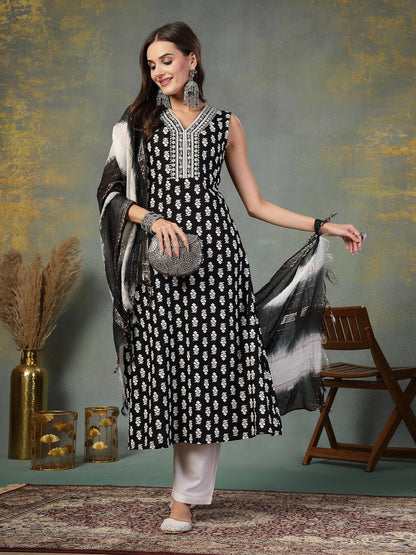 Black Printed & Embroidered Rayon A-Line Kurta Dupatta Set