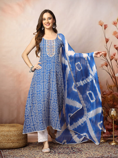 Blue Bandhani Printed & Embroidered Rayon A-Line Kurta Dupatta Set