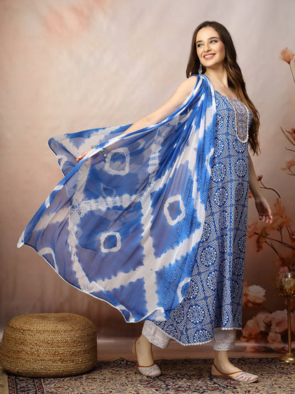 Blue Bandhani Printed & Embroidered Rayon A-Line Kurta Dupatta Set