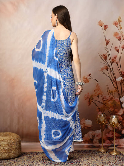 Blue Bandhani Printed & Embroidered Rayon A-Line Kurta Dupatta Set