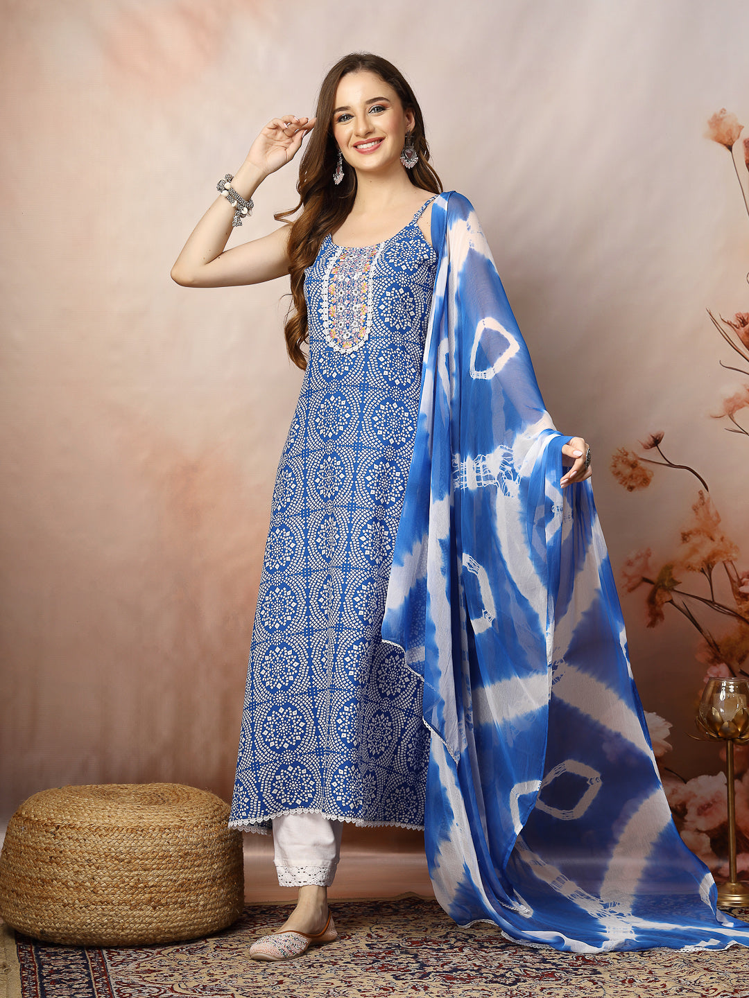 Blue Bandhani Printed & Embroidered Rayon A-Line Kurta Dupatta Set