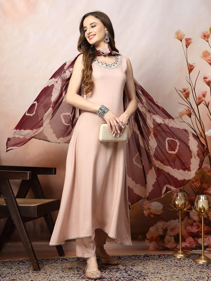 Rose Gold Solid & Embroidered Rayon A-Line Kurta Dupatta Set