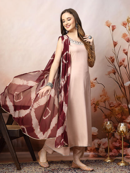 Rose Gold Solid & Embroidered Rayon A-Line Kurta Dupatta Set