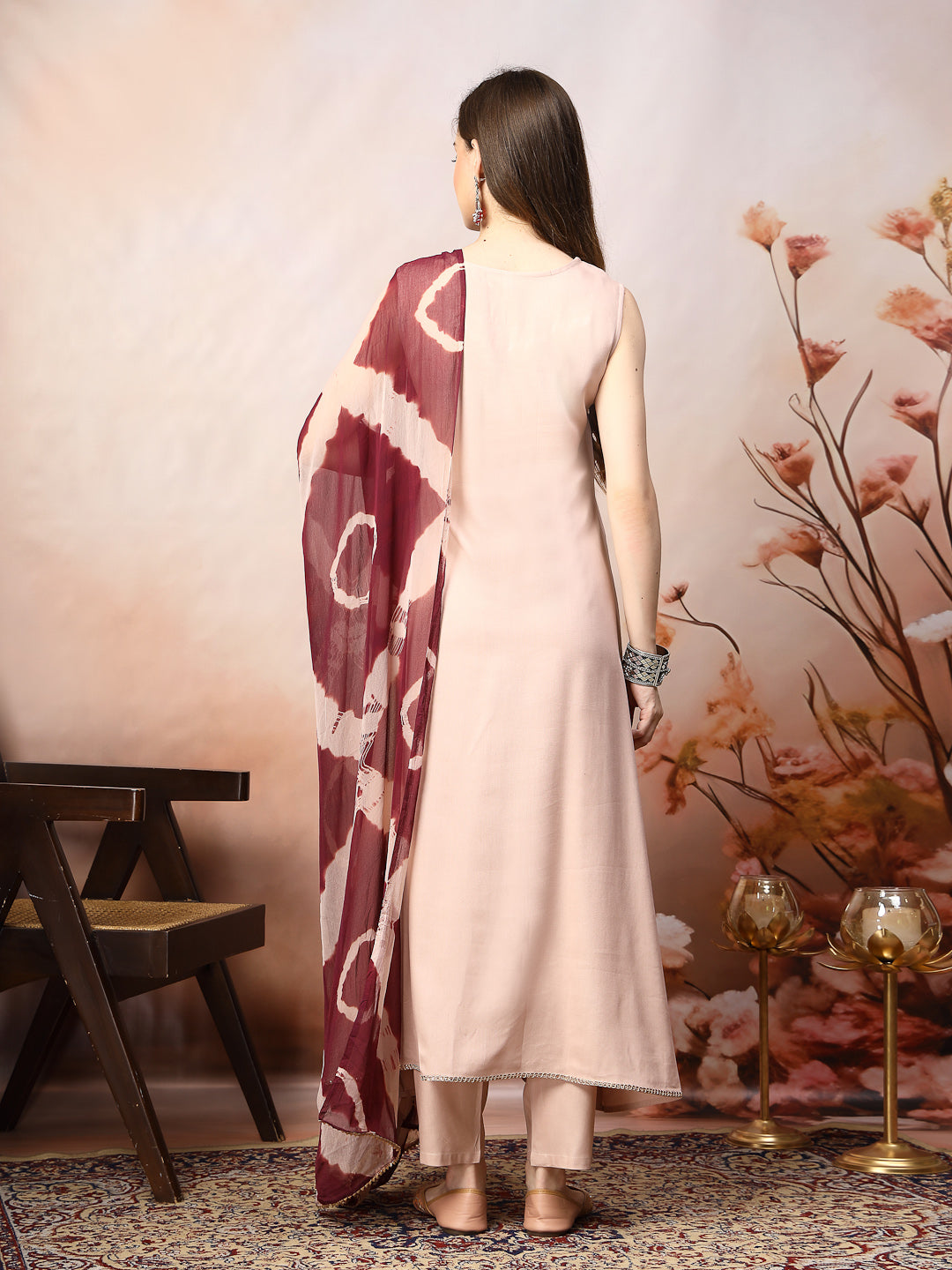 Rose Gold Solid & Embroidered Rayon A-Line Kurta Dupatta Set