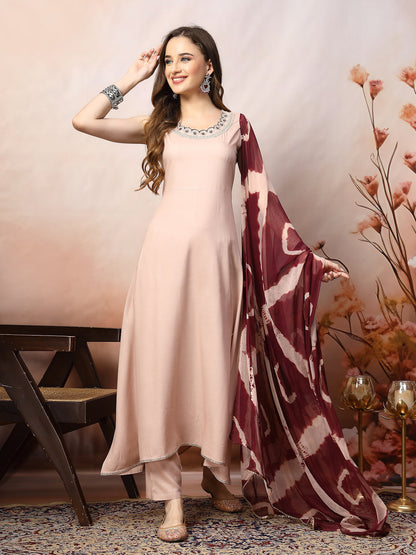 Rose Gold Solid & Embroidered Rayon A-Line Kurta Dupatta Set