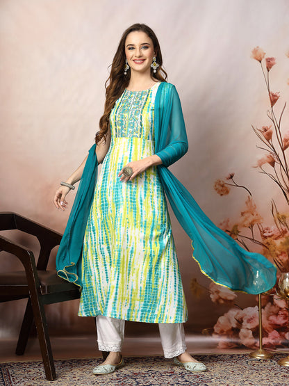 Lime Green Shibori Printed & Embroidered Rayon A-Line Kurta Dupatta Set