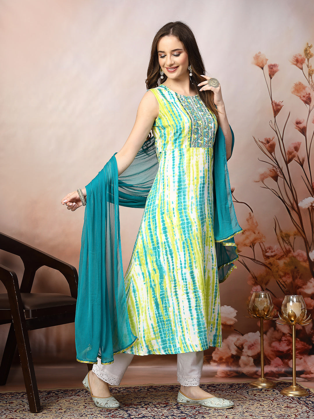 Lime Green Shibori Printed & Embroidered Rayon A-Line Kurta Dupatta Set