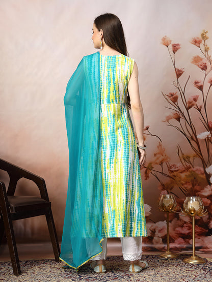 Lime Green Shibori Printed & Embroidered Rayon A-Line Kurta Dupatta Set