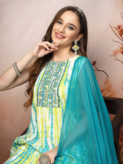 Lime Green Shibori Printed & Embroidered Rayon A-Line Kurta Dupatta Set