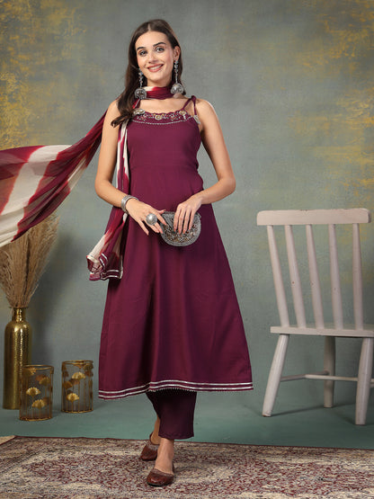 Purple Solid & Embroidered Poly Crepe A-Line Kurta Dupatta Set