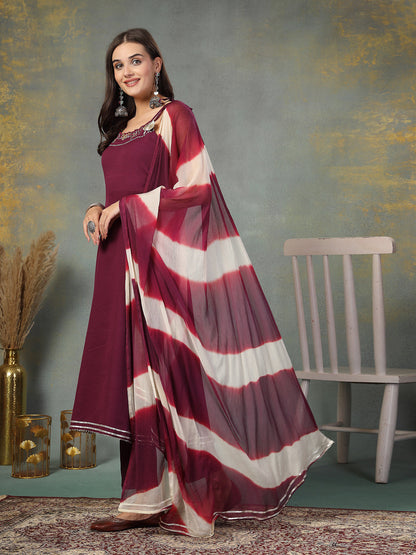 Purple Solid & Embroidered Poly Crepe A-Line Kurta Dupatta Set