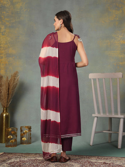 Purple Solid & Embroidered Poly Crepe A-Line Kurta Dupatta Set