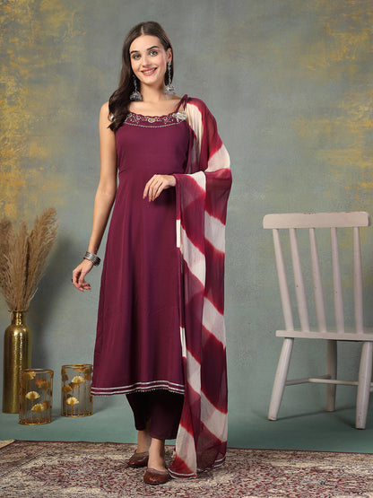 Purple Solid & Embroidered Poly Crepe A-Line Kurta Dupatta Set