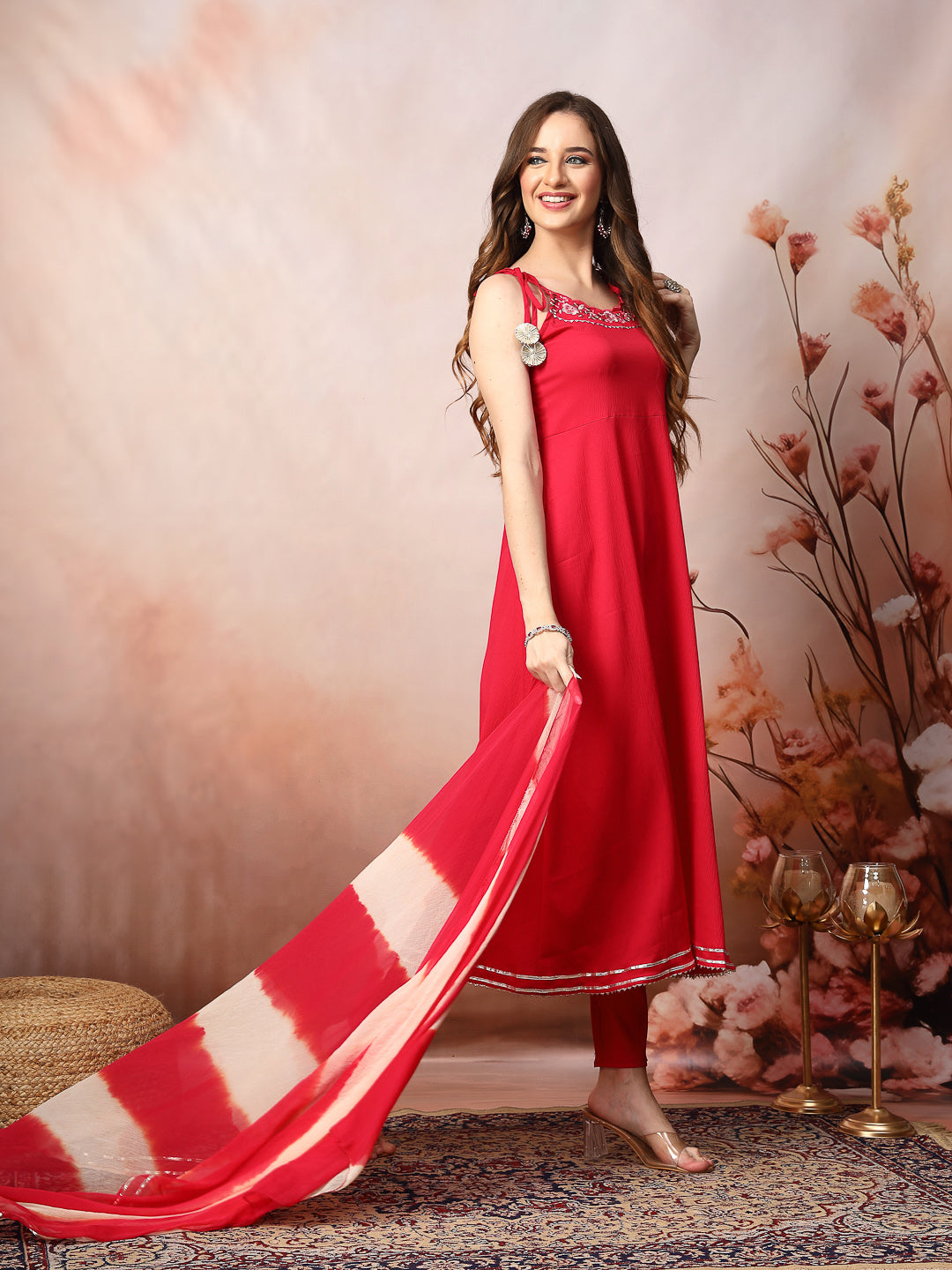 Pink Solid & Embroidered Poly Crepe A-Line Kurta Dupatta Set