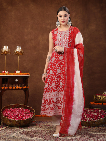 Red Printed & Embroidered Rayon A-Line Kurta Dupatta Set