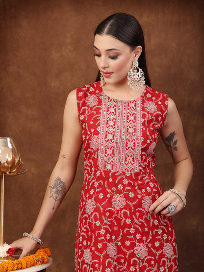 Red Printed & Embroidered Rayon A-Line Kurta Dupatta Set