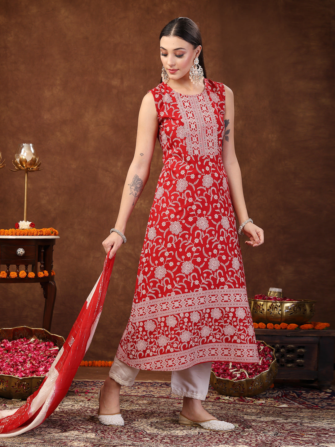 Red Printed & Embroidered Rayon A-Line Kurta Dupatta Set