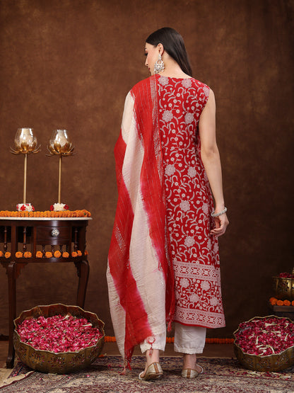 Red Printed & Embroidered Rayon A-Line Kurta Dupatta Set