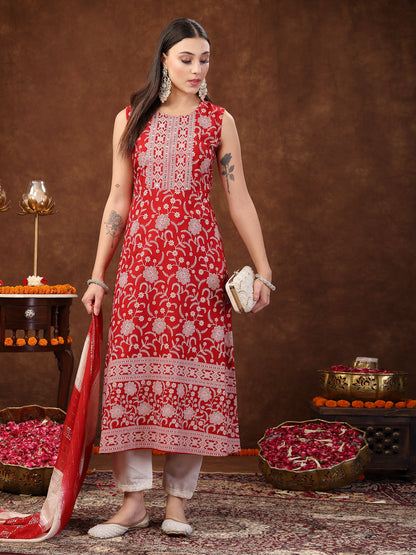 Red Printed & Embroidered Rayon A-Line Kurta Dupatta Set