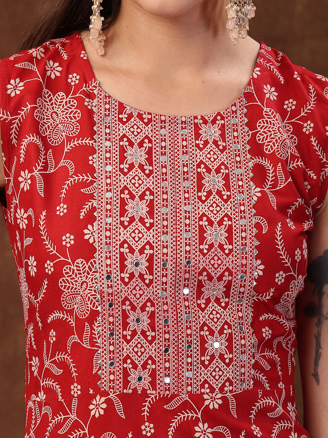 Red Printed & Embroidered Rayon A-Line Kurta Dupatta Set