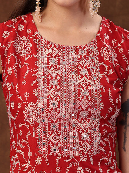 Red Printed & Embroidered Rayon A-Line Kurta Dupatta Set