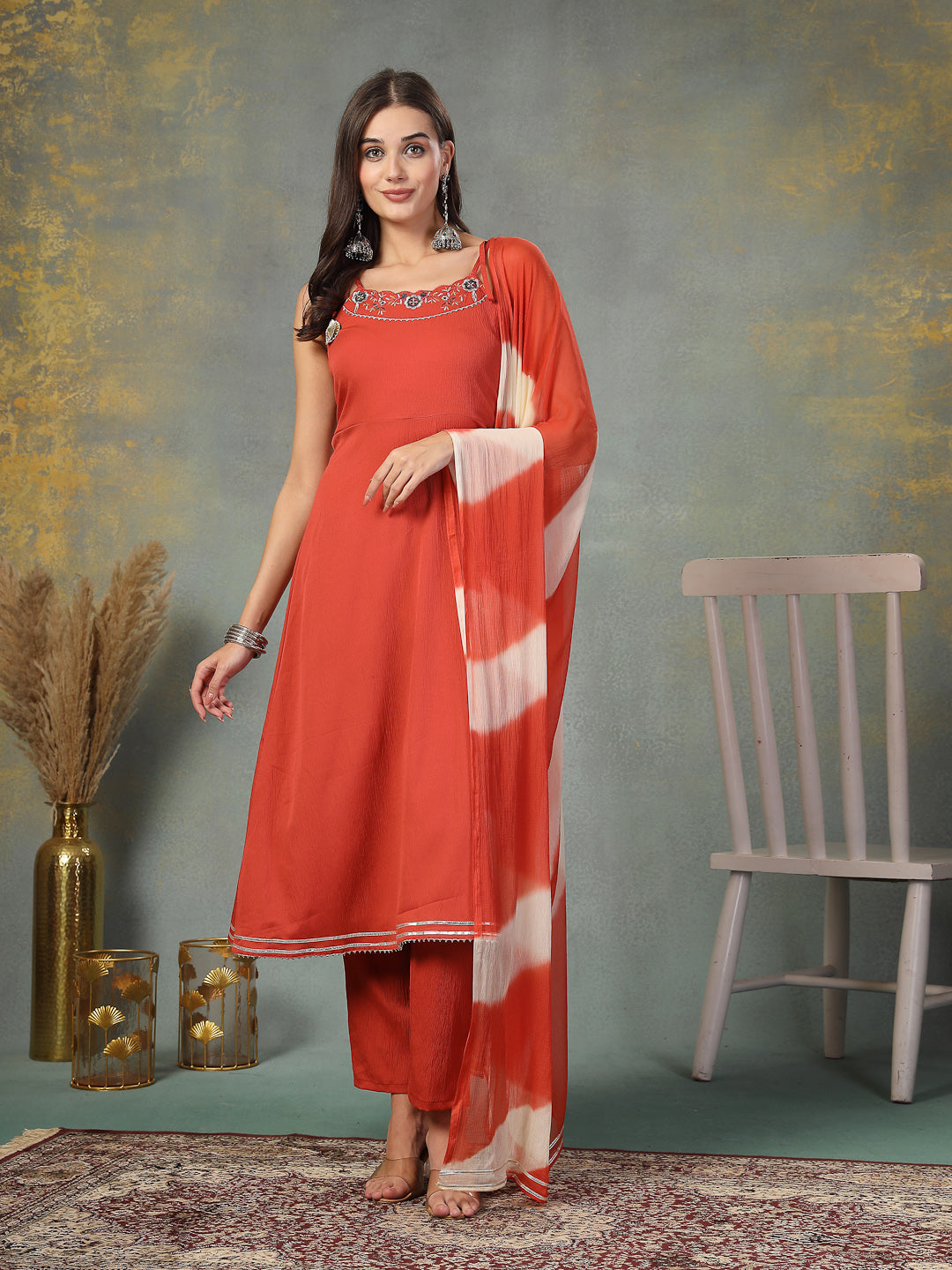 Rust Solid & Embroidered Poly Crepe A-Line Kurta Dupatta Set