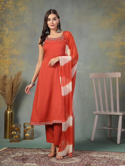 Rust Solid & Embroidered Poly Crepe A-Line Kurta Dupatta Set