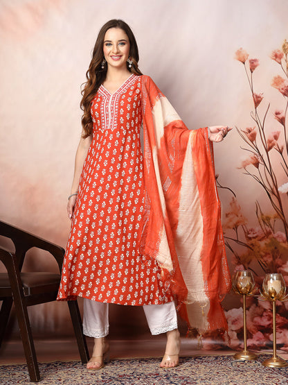 Rust Printed & Embroidered Rayon A-Line Kurta Dupatta Set