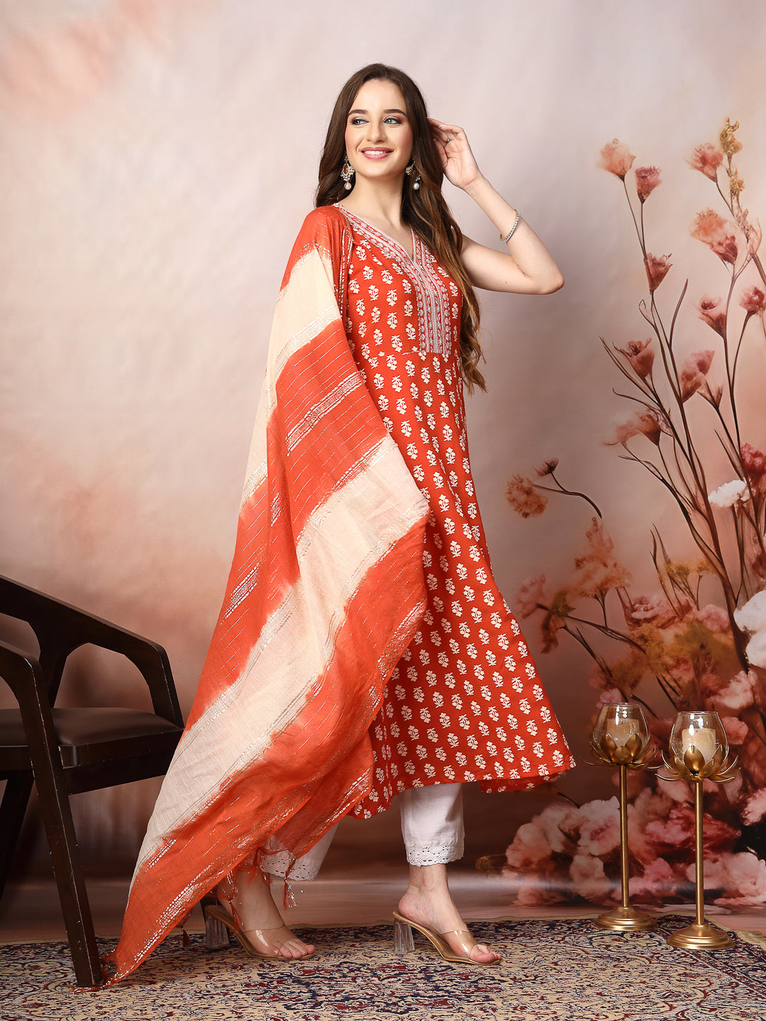 Rust Printed & Embroidered Rayon A-Line Kurta Dupatta Set