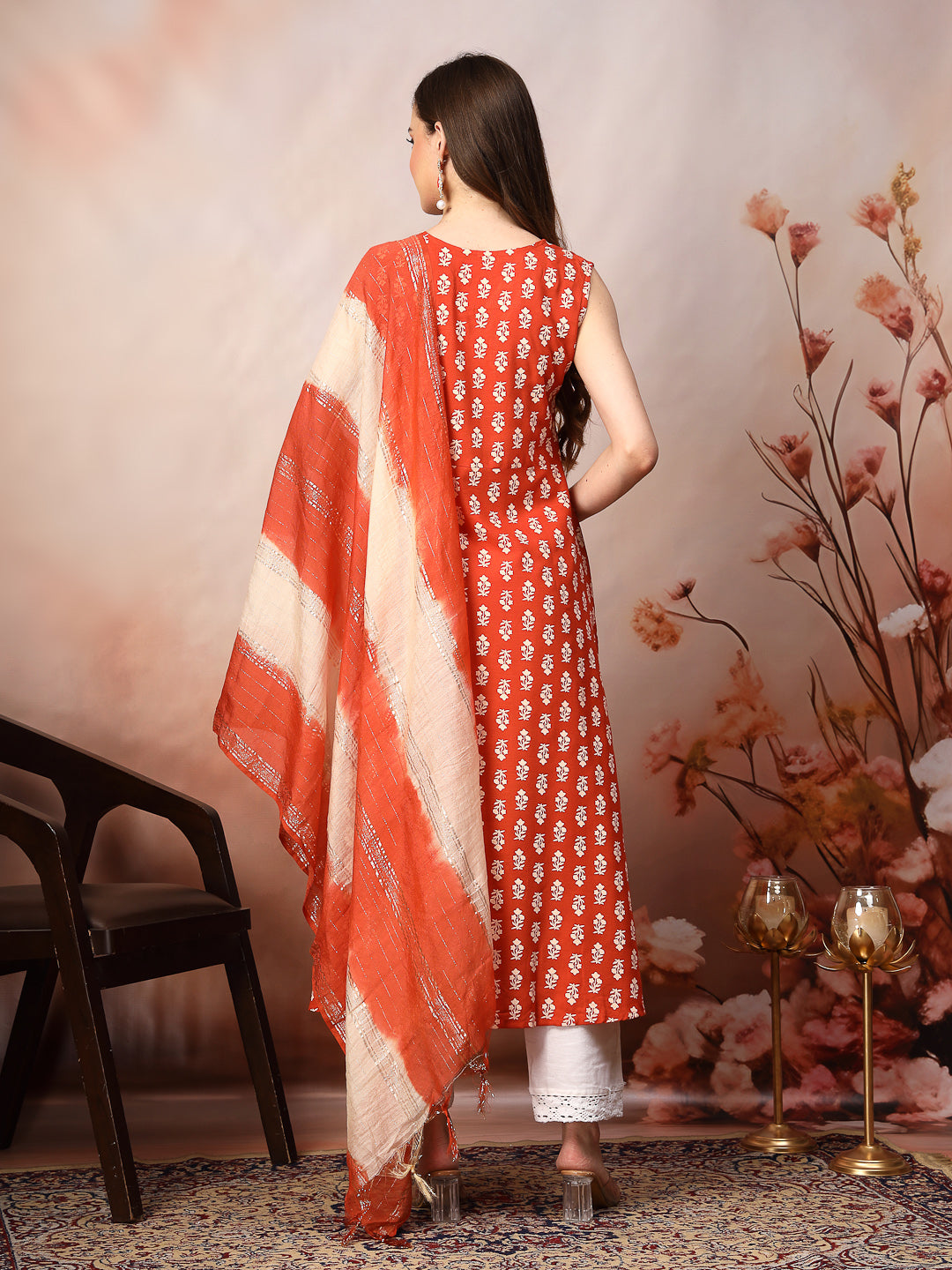 Rust Printed & Embroidered Rayon A-Line Kurta Dupatta Set