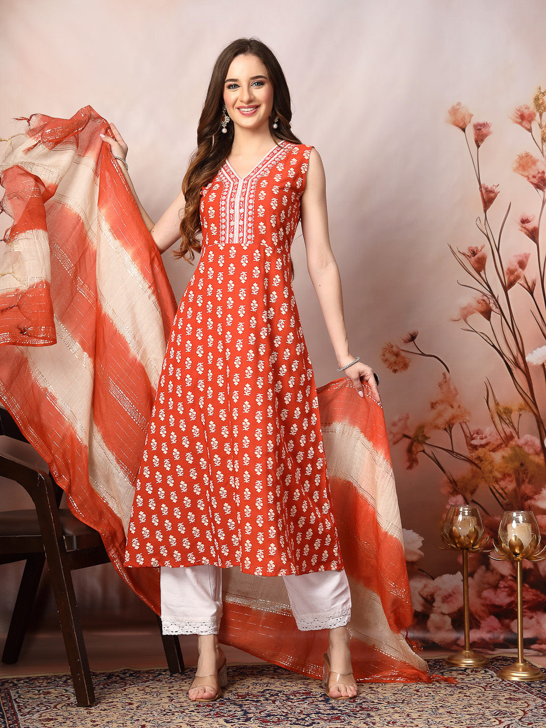 Rust Printed & Embroidered Rayon A-Line Kurta Dupatta Set