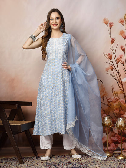 Powder Blue Printed & Embroidered Rayon A-Line Kurta Dupatta Set