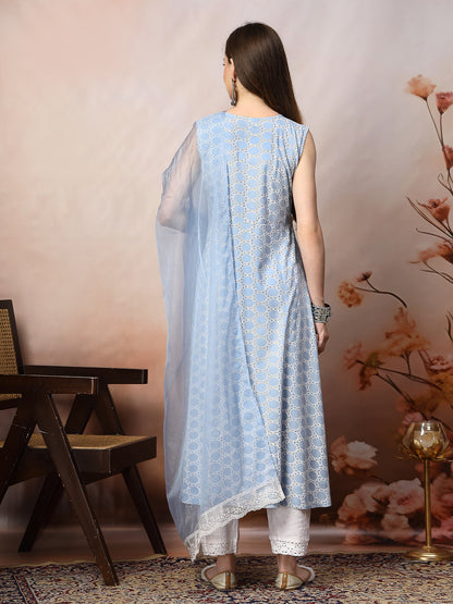 Powder Blue Printed & Embroidered Rayon A-Line Kurta Dupatta Set