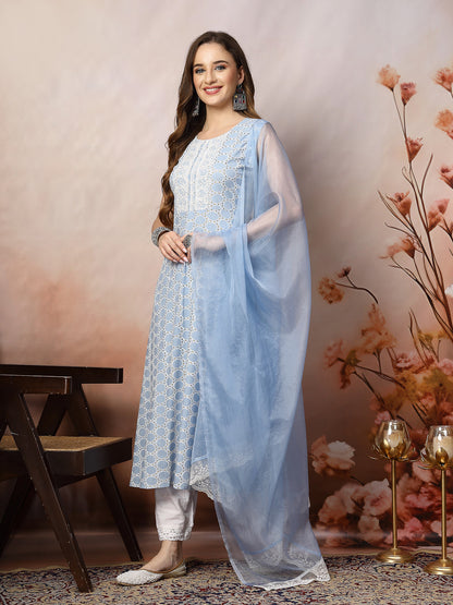 Powder Blue Printed & Embroidered Rayon A-Line Kurta Dupatta Set