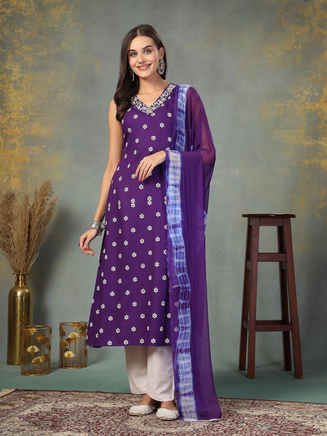 Violet Floral Printed & Embroidered Rayon A-Line Kurta Dupatta Set