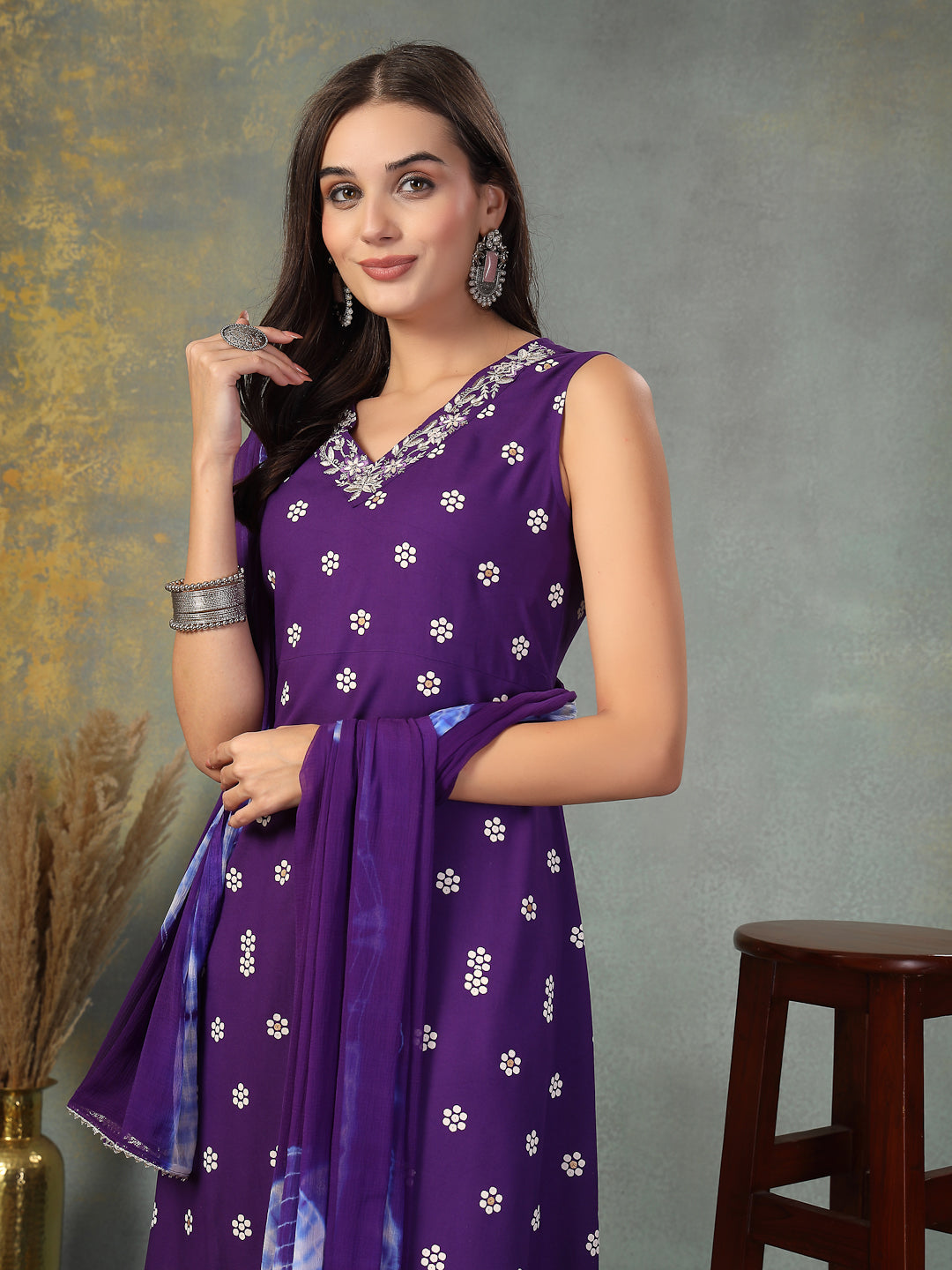 Violet Floral Printed & Embroidered Rayon A-Line Kurta Dupatta Set